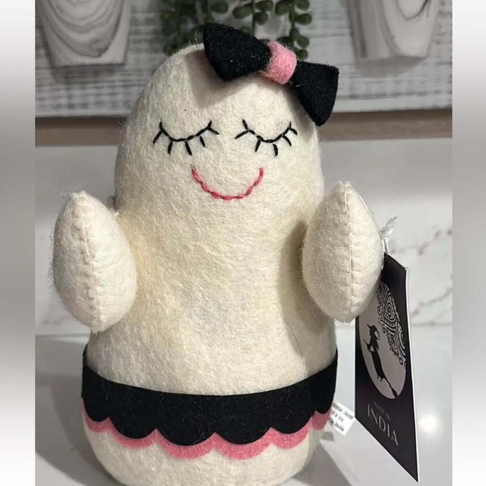 Halloween Weighted Felt Wool Girl Ghost Figurine With Bow